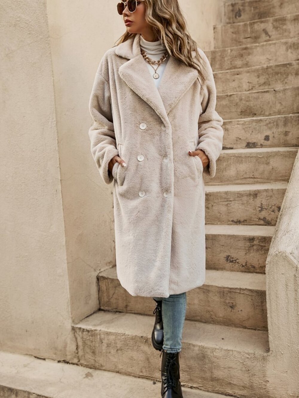 Apricot Casual Women's Drop Shoulder Double Breasted Teddy Coat - Picture 5 of 6